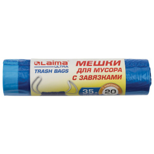 Мешки для мусора с завязками LAIMA "ULTRA" 35 л, синие, рулон 20 шт., особо прочные, ПВД 22 мкм, 50х купить