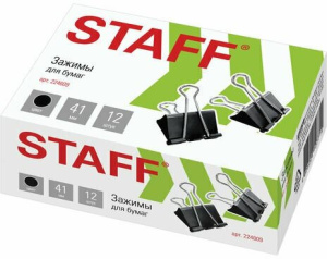 Зажимы для бумаг STAFF EVERYDAY, КОМПЛЕКТ 12 шт., 41 мм, 200 листов, черные, картонная коробка купить