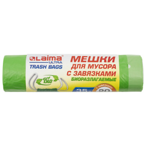 Мешки для мусора биоразлагаемые с завязками LAIMA "ULTRA" 35 л, рулон 20 шт., прочные, ПНД 15 мкм купить